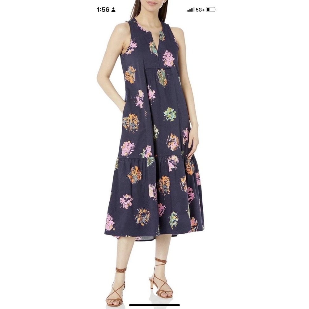 NIC+ZOE Sleeveless Midi Dress Floral Navy Blue Tiered Swing Boho Women's